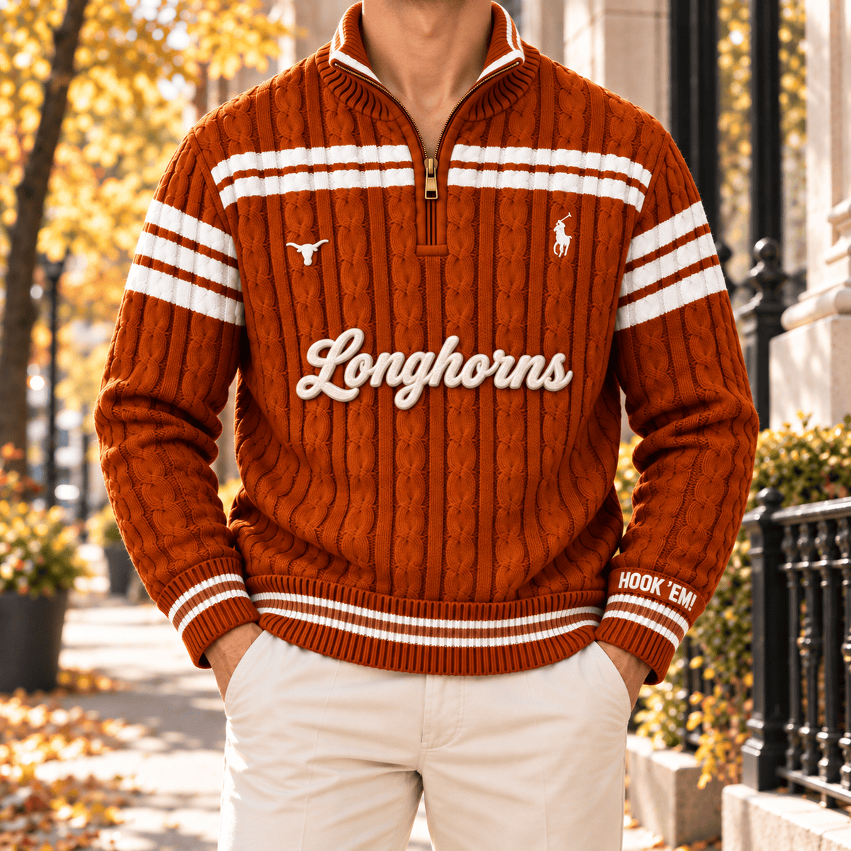 TLH PREMIUM Varsity Cable-Knit Quarter-Zip Sweater NHVH
